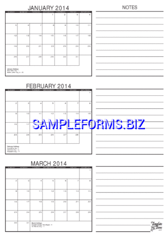 2014 Calendar Three Months Per Page 1